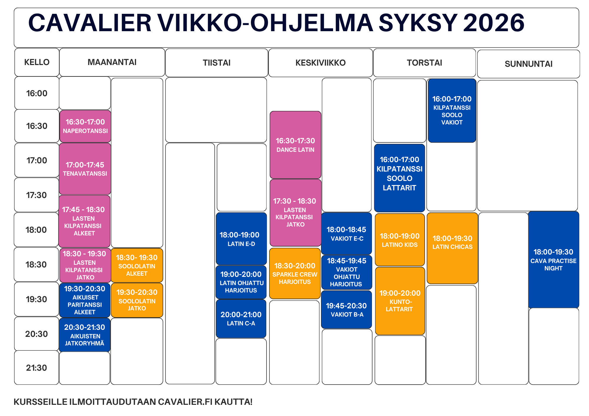 Cavalier syksy 2026 tuntikartta