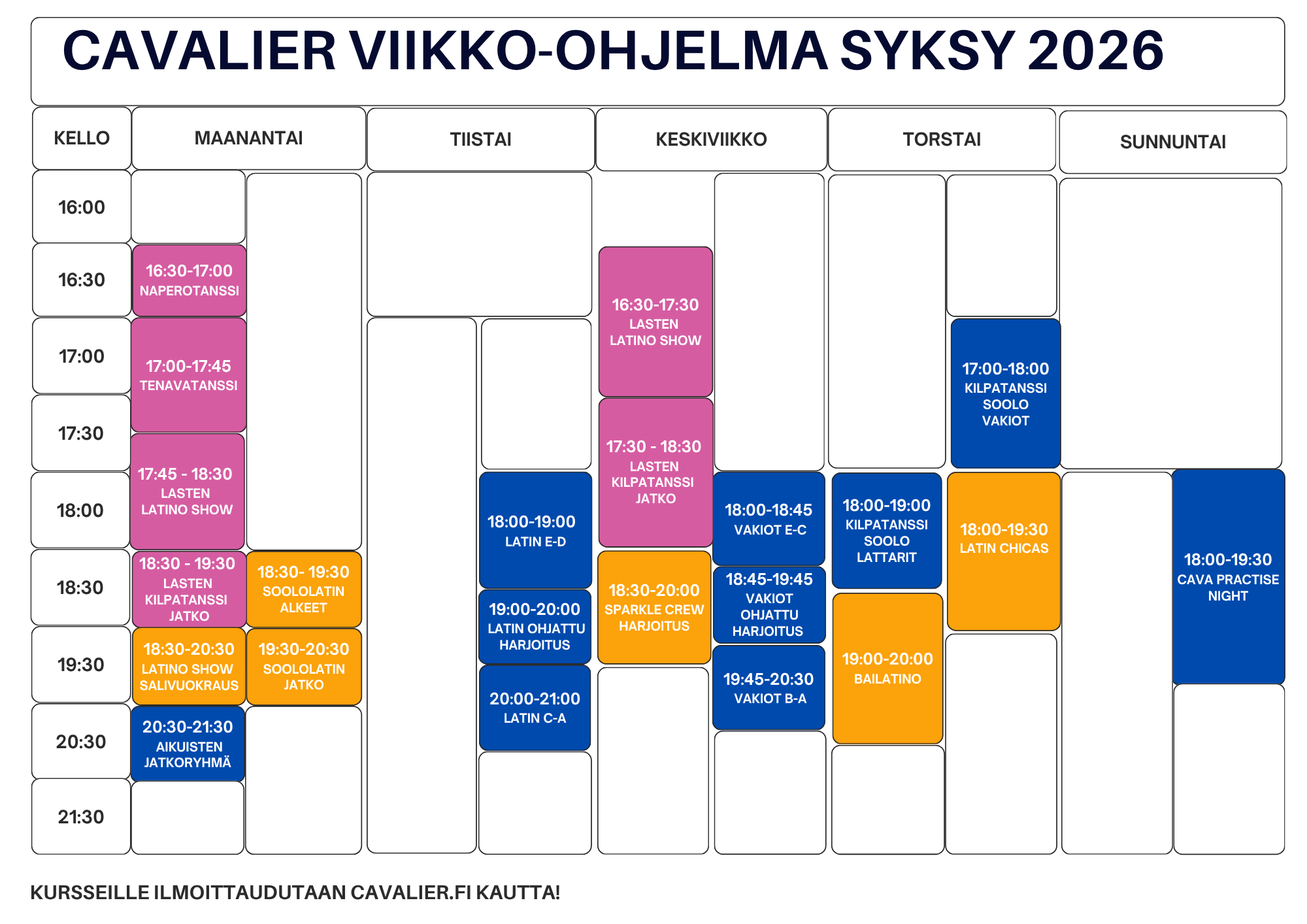 Tanssiseura Cavalier Järvenpään syksyn 26 aikataulu
